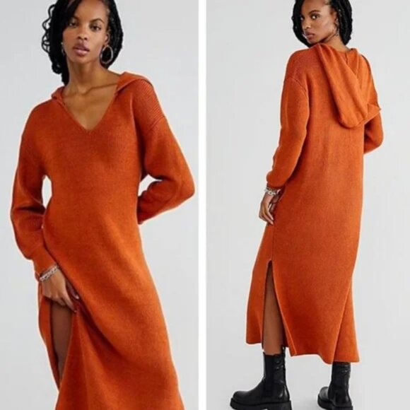 Free People Beach Orange Rust‎ Claudia Beach Hooded Sweater Midi Dress Small - Picture 1 of 15